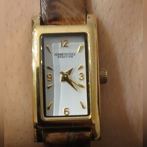 Vintage Genuine Leather Watch KENNETH COLE Women's Brown Rectangle Face Dainty